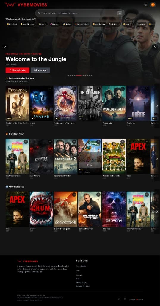 Vybemovies home, with a featured film and rows for recommendations, trending titles, and new releases.