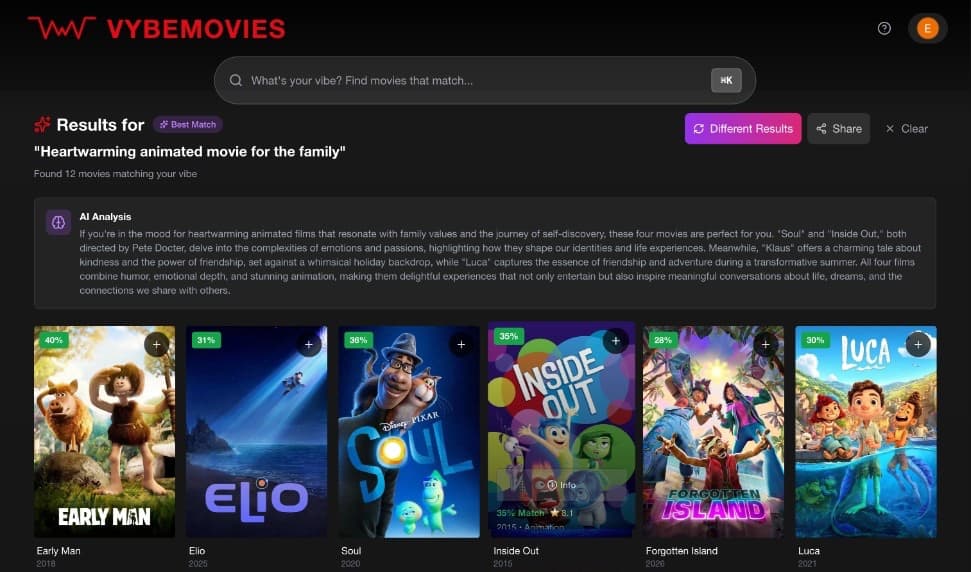 Vybemovies results for a heartwarming animated movie for the family, in Best Match, with an explanation and matching films.