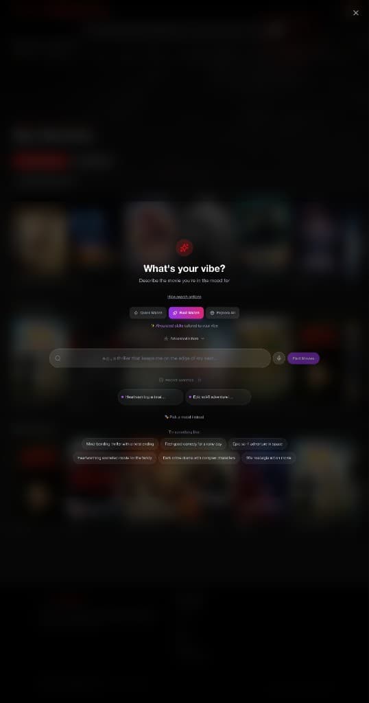 The Vybemovies search window, with Quick Match, Best Match, and Explore All, and a sentence in the search field.